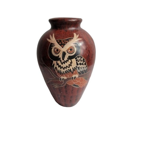 Nicaraguan Pottery OWL Vase Calera Signed Rust Brown Colorful 8"‎ - Picture 4 of 8